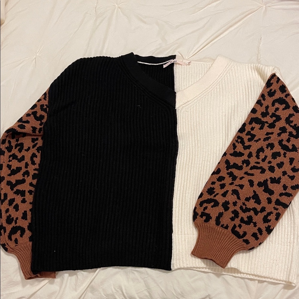 Leopard Sleeve Black and White Sweater
